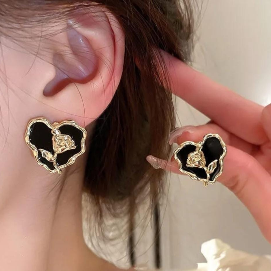 Black Gold Rose Stud Earrings