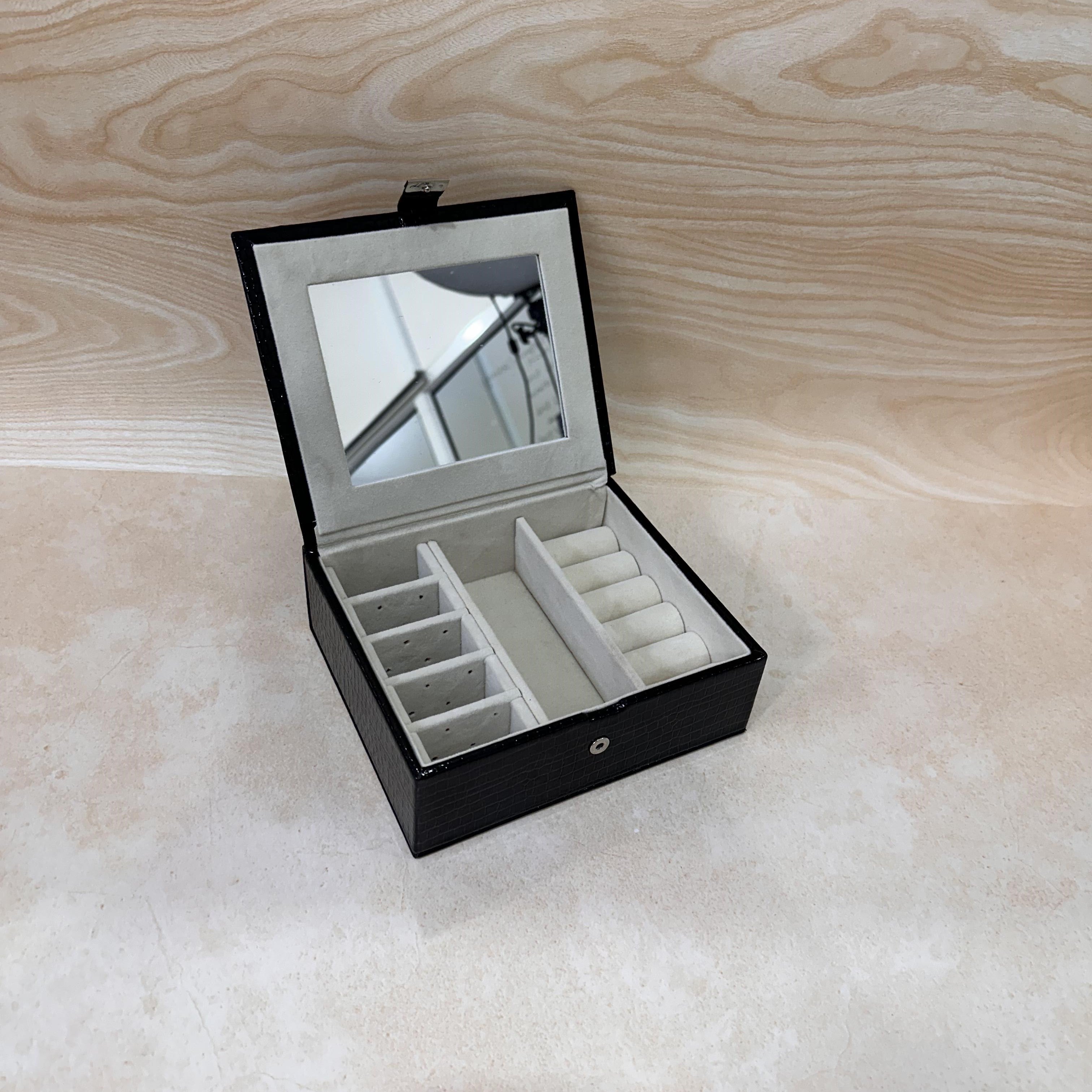 Black Textured Jewellery Box with Mirror – Luxury Accessory Storage by La Trove.