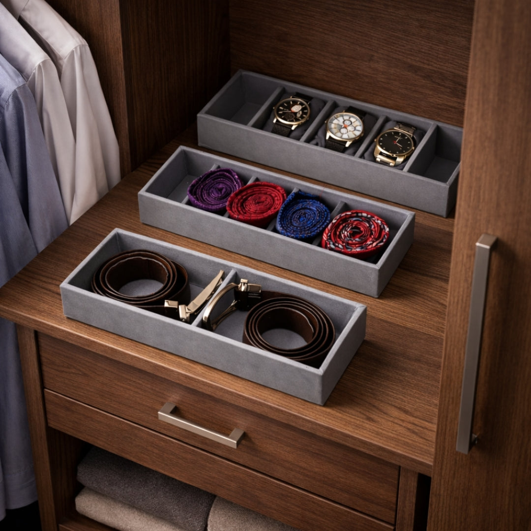 Belt, Watch & Tie Organiser Tray – 2 Belt, 5 Watch & 5 Tie Storage
