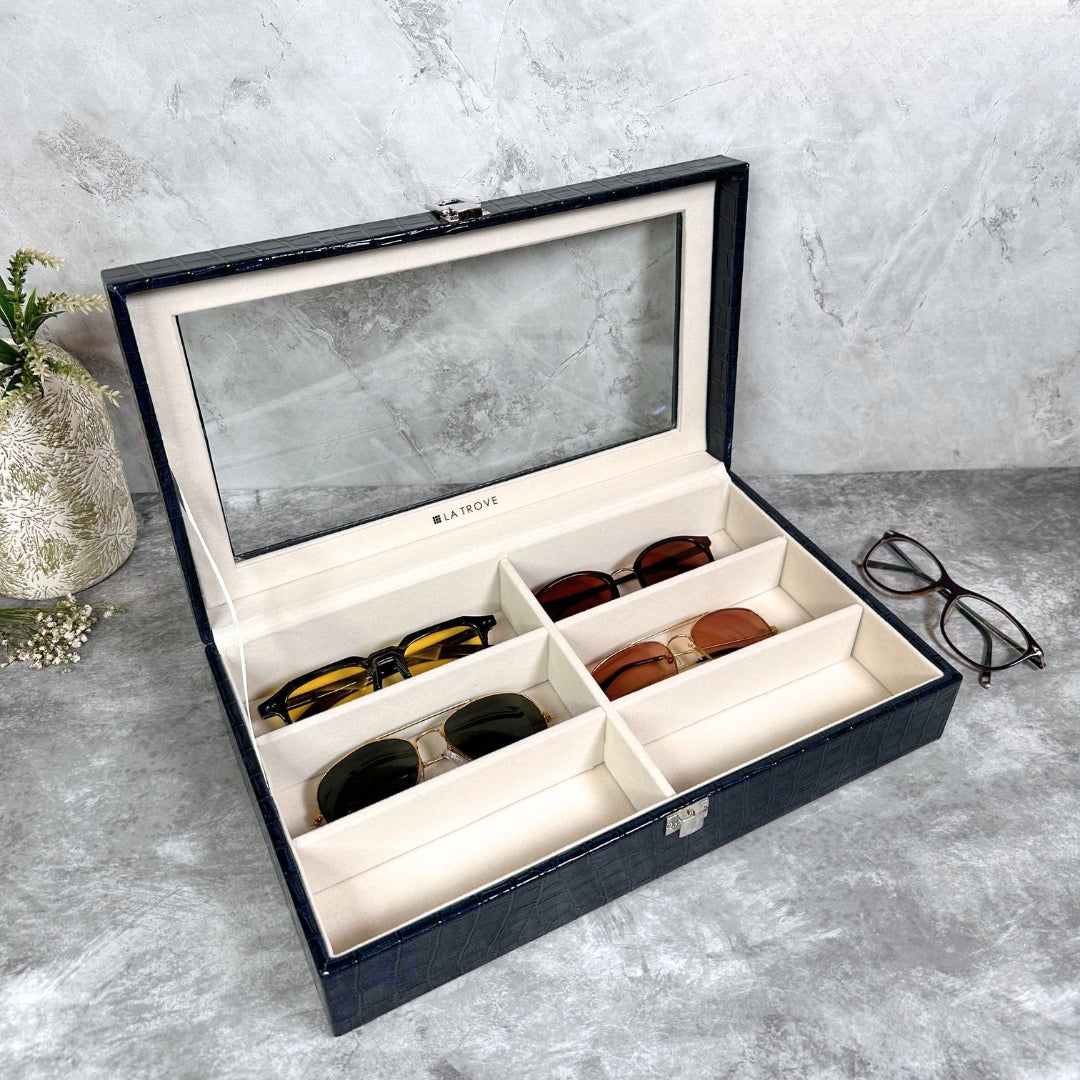 Blue Sunglass Organizer – 6 Slot Glass Lid Box.