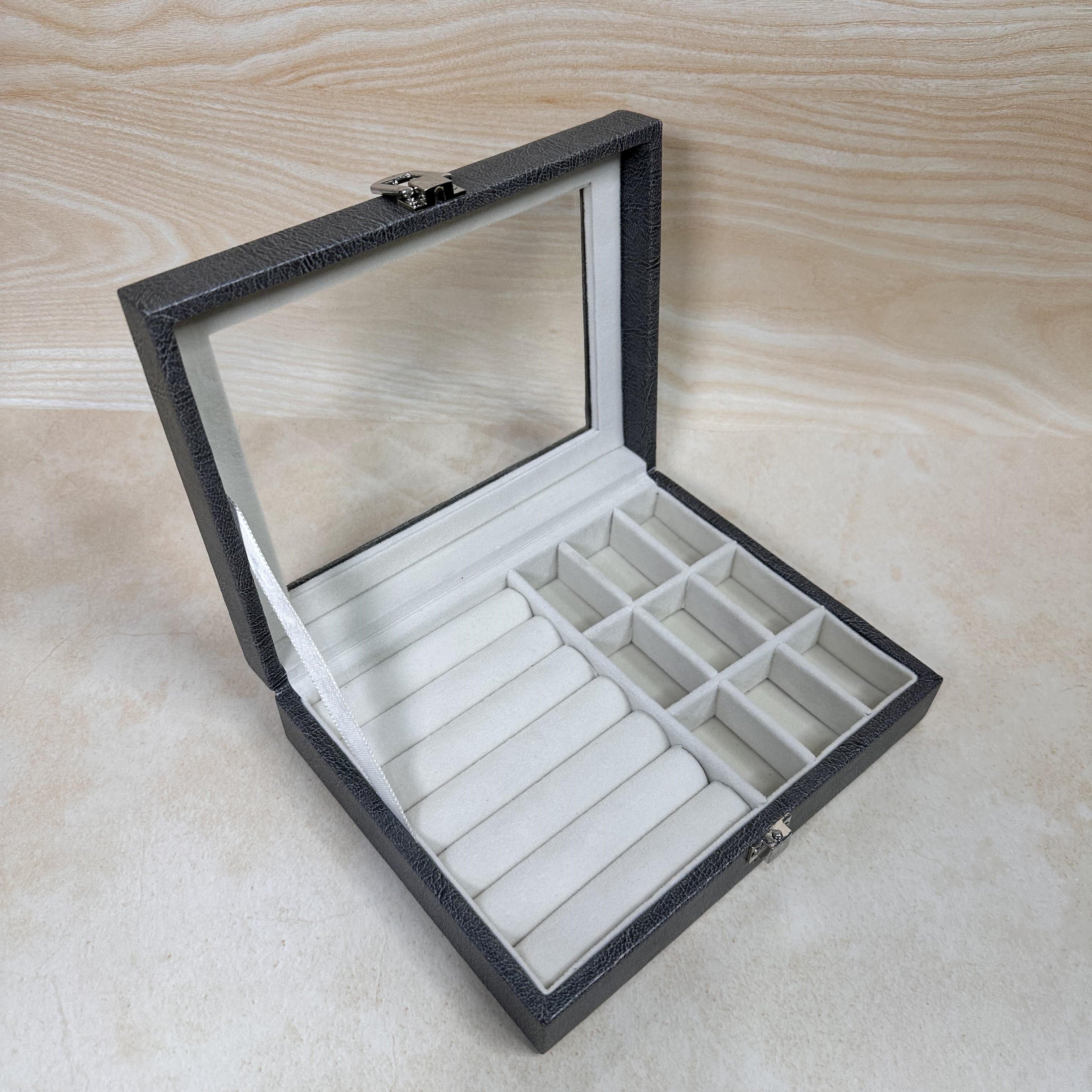 Rings and Earrings Organizer Box with Glass Top – Black.