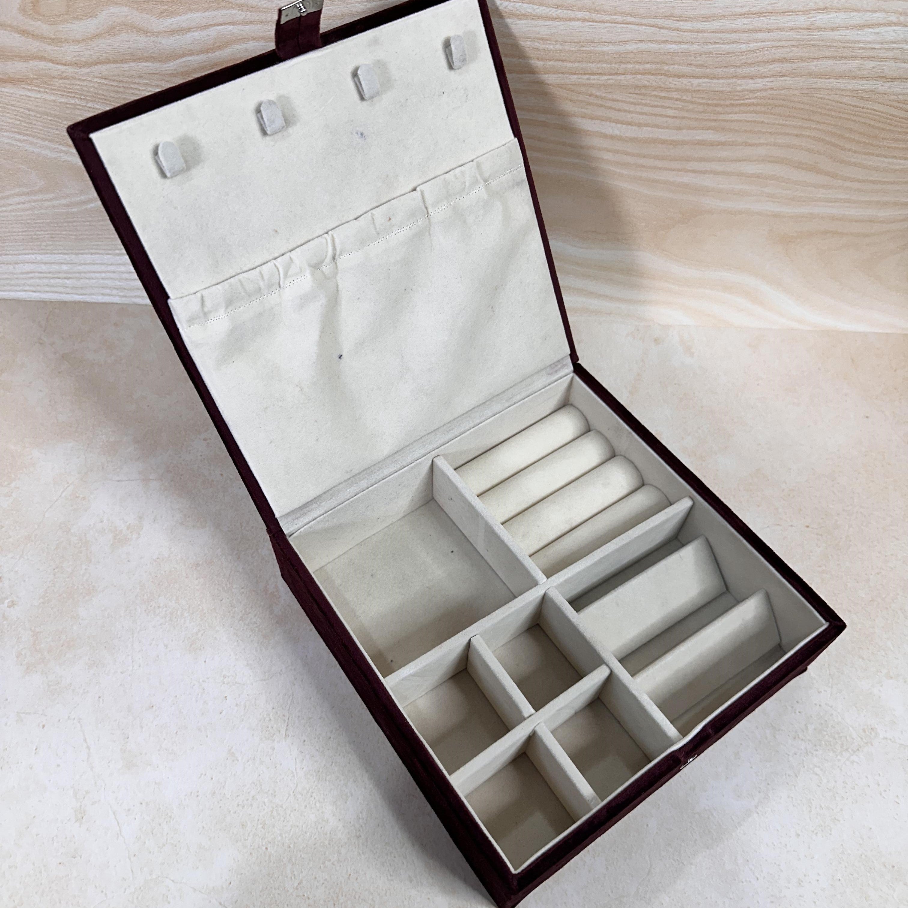Luxury Maroon Velvet Jewellery Box with Soft Lining and Sturdy Build.