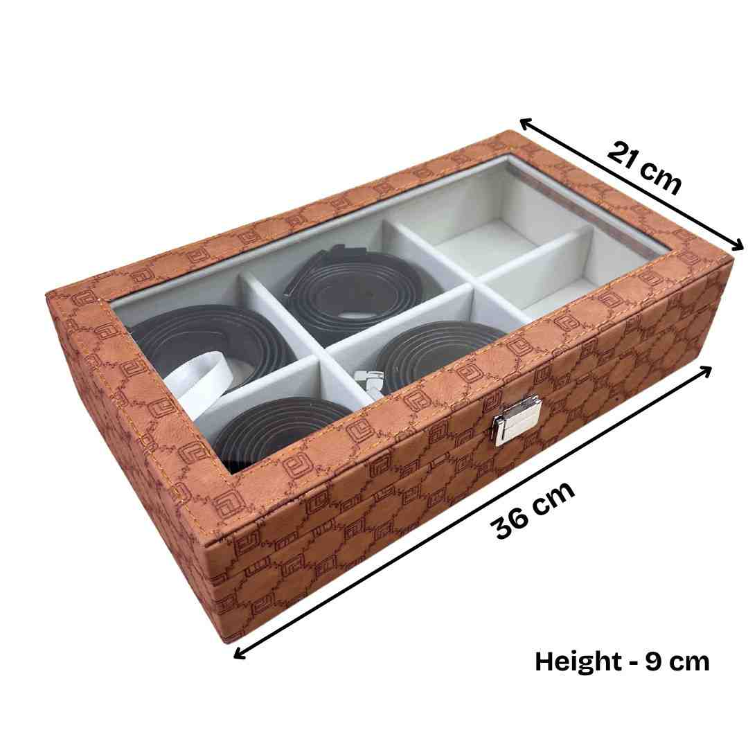Designer 6 Slot Belt Box With Glass Lid
