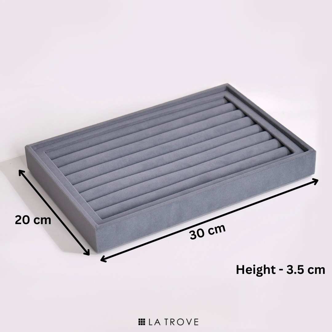 Dimensions of grey luxury ring and cufflink organiser tray for wardrobe drawer organisation – La Trove
