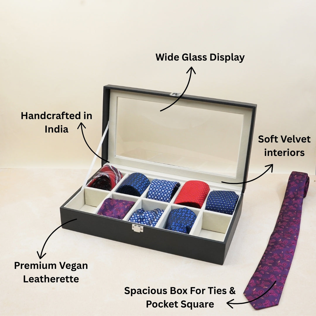 TBT 10 Slot Tie & Pocket Square Box With Glass Top