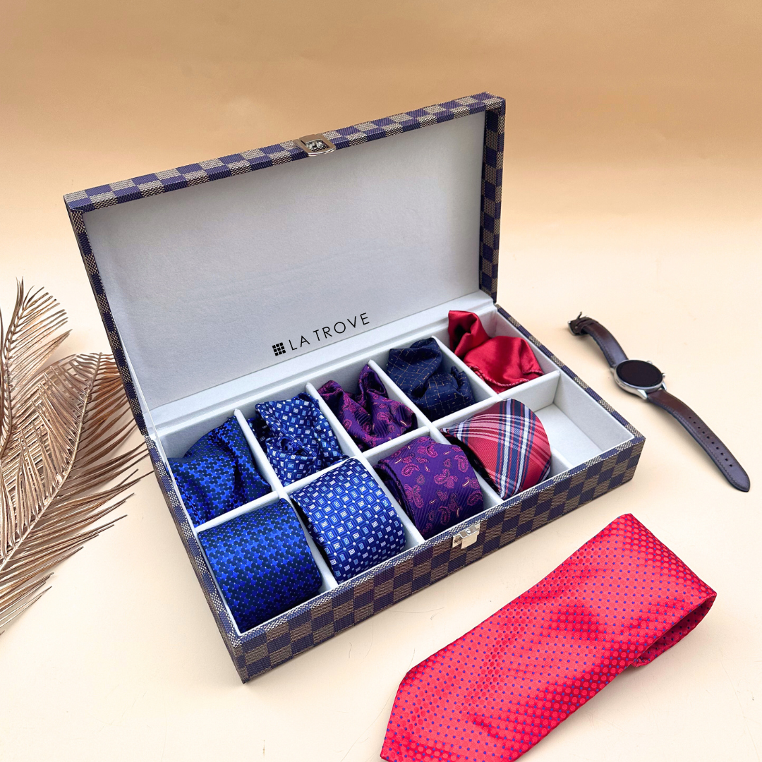 Brown Check Pattern 10 Slot Tie & Pocket Square Box – Stylish Closet Organizer.