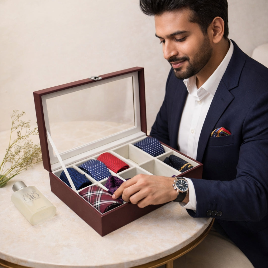 TBT 10 Slot Tie & Pocket Square Box With Glass Top