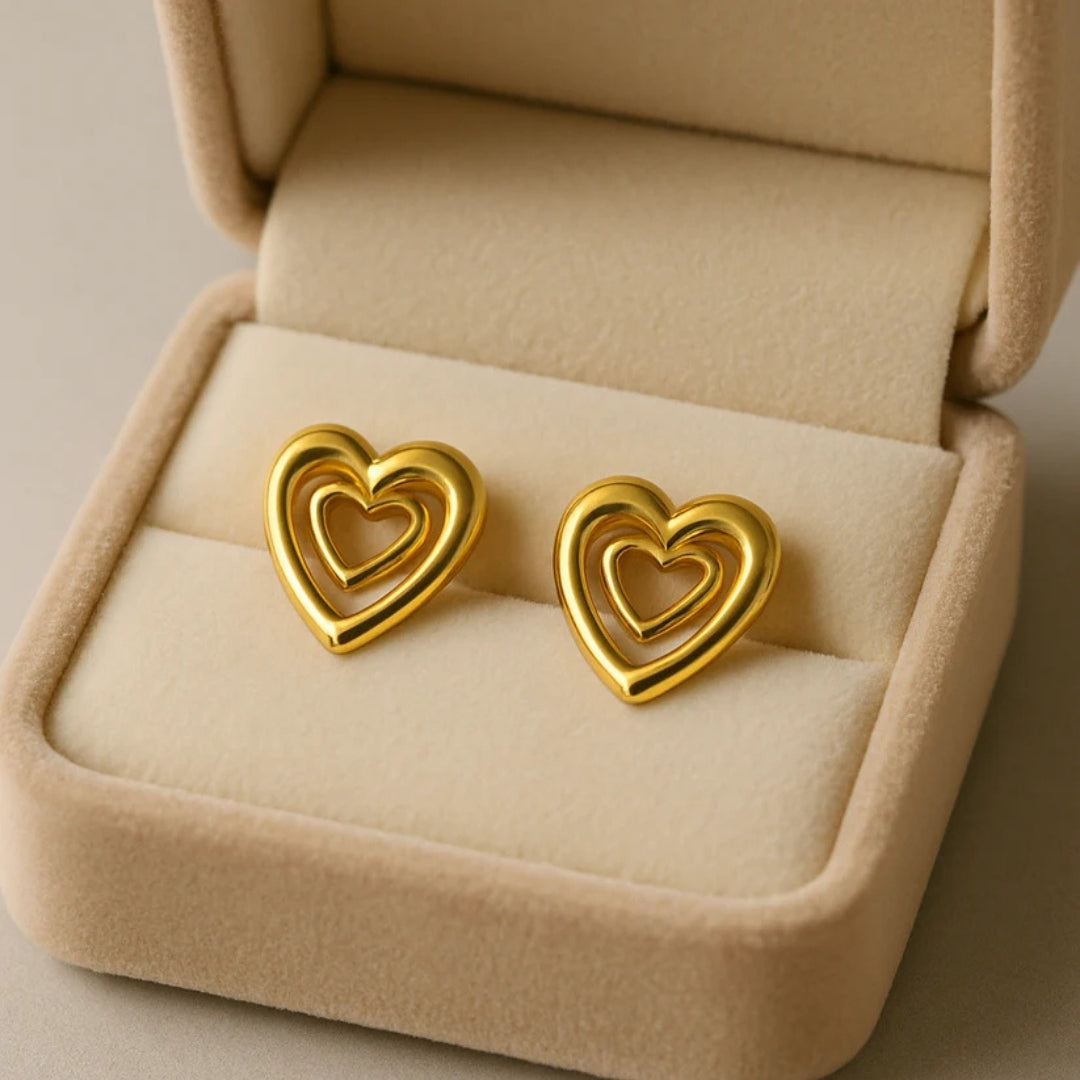 Double Heart Gold Stud Earrings – Elegant Romantic Jewellery.