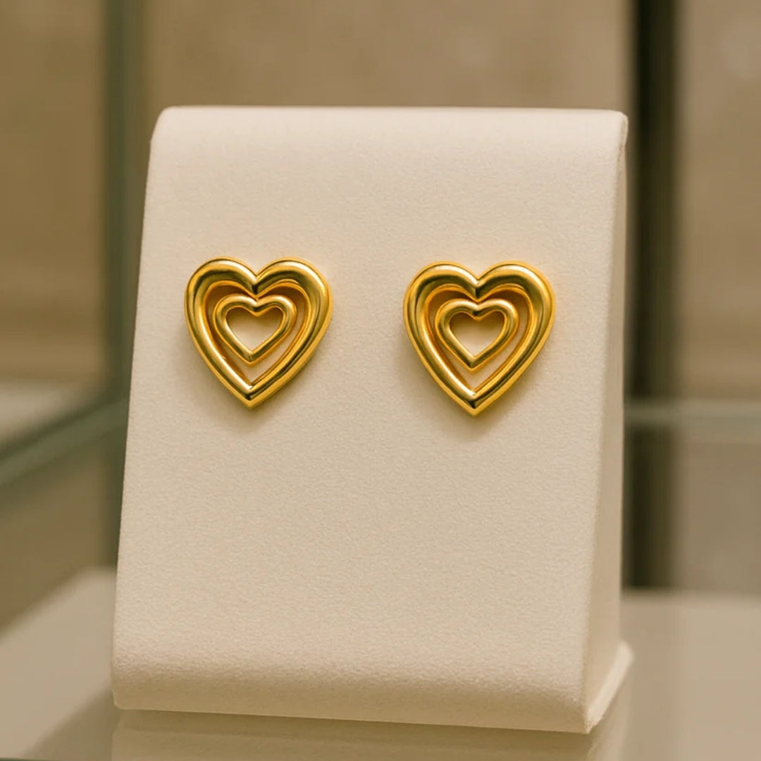 Double Heart Gold Stud Earrings