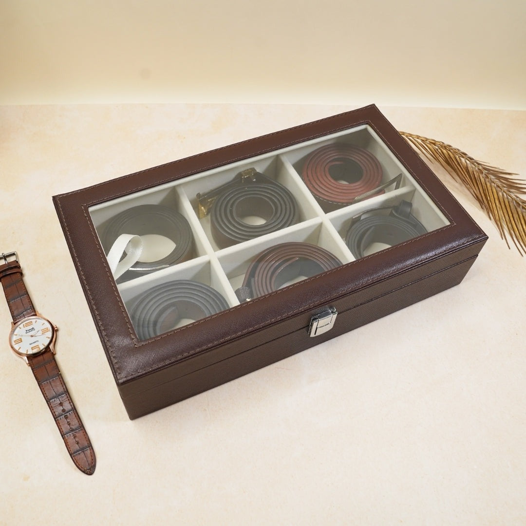 Luxury 6-slot belt organizer box with glass top in brown by The Big Trove.