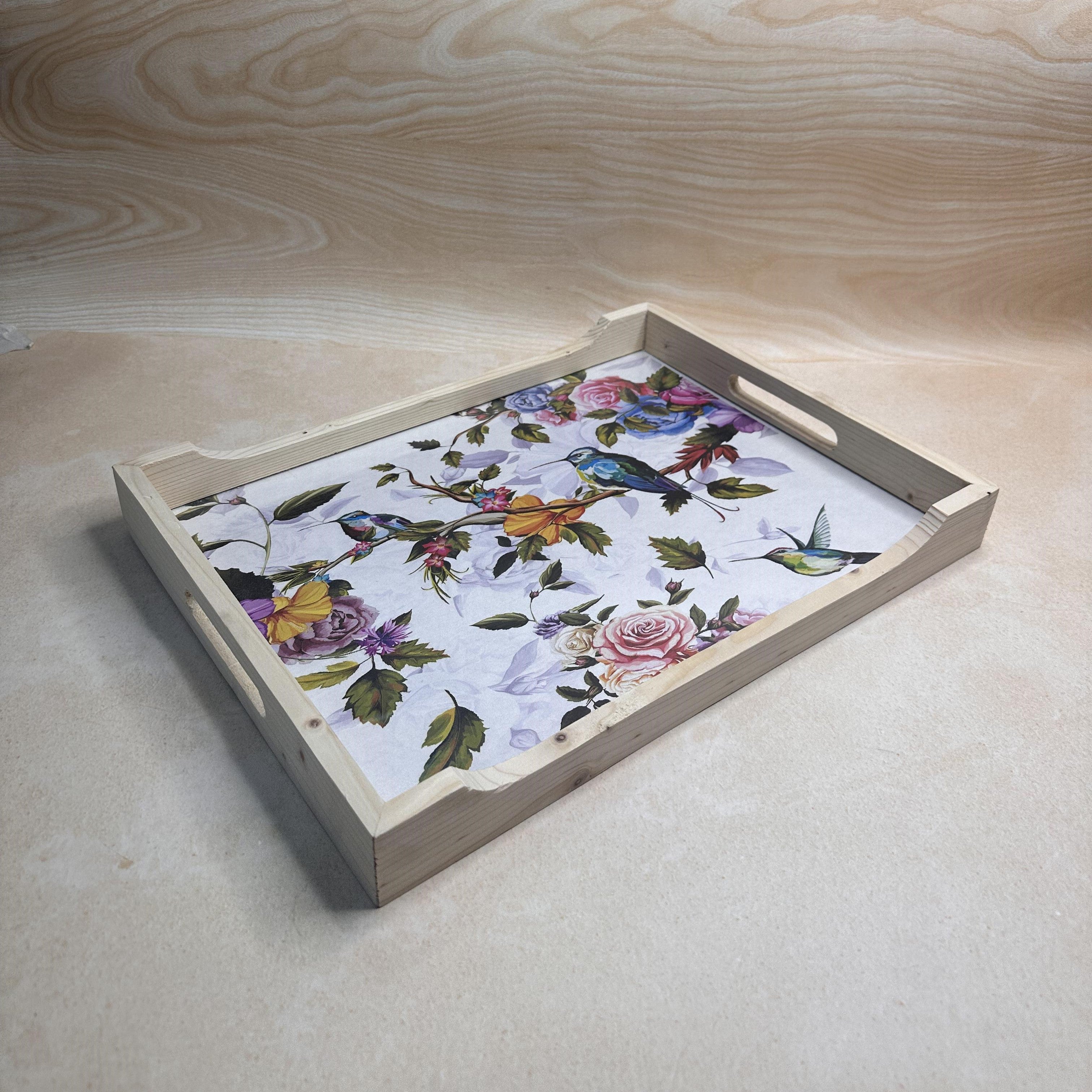 Vintage Floral Wooden Tray With Bird Motif