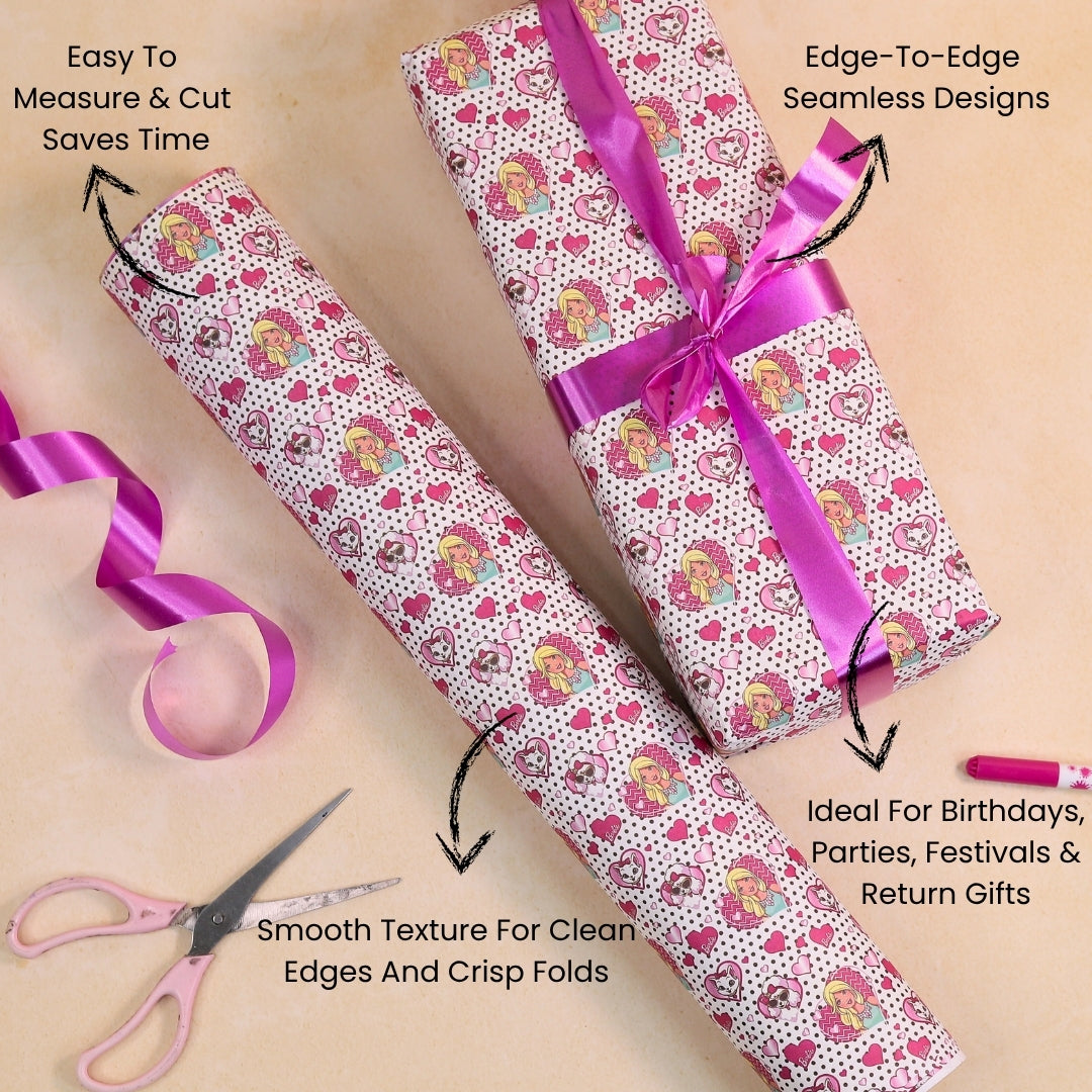 Love-theme Barbie wrapping paper design.