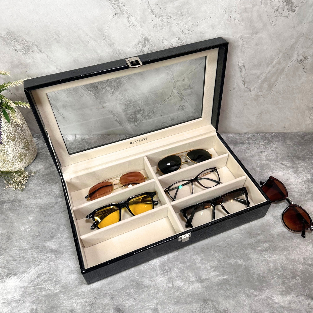 Black 6 Slot Sunglass Box with Glass Top – Organizer.