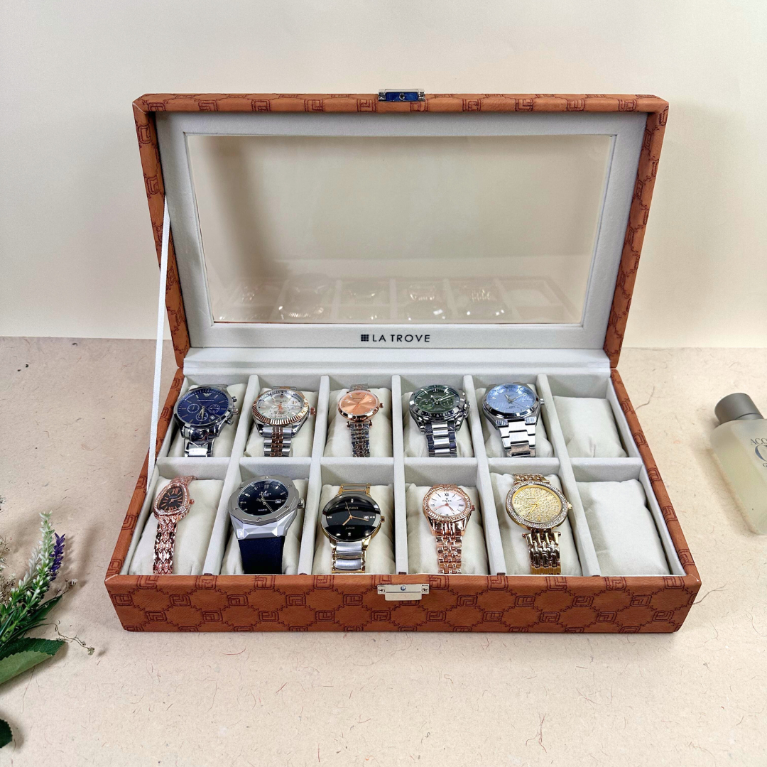 12 Slot Tan Leatherette Watch Box with Glass Top by La Trove.