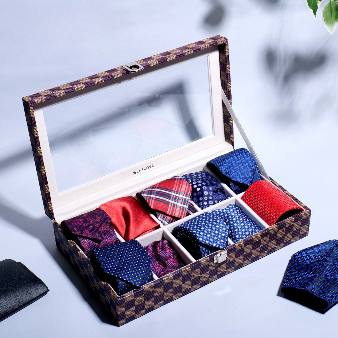 10 Slot Tie Pocket Square Box With Glass Top