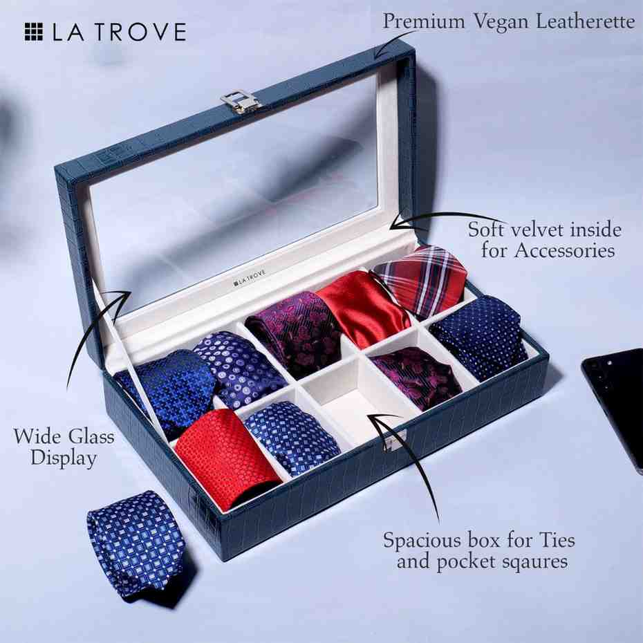 10 Slot Tie Pocket Square Box With Glass Top