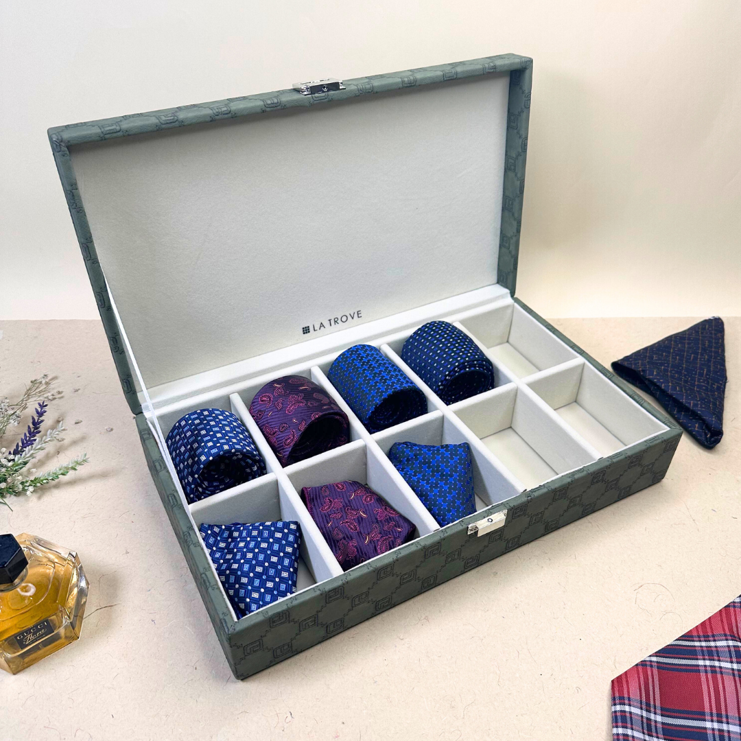 10 Slot Olive Green Tie & Pocket Square Storage Box by La Trove.