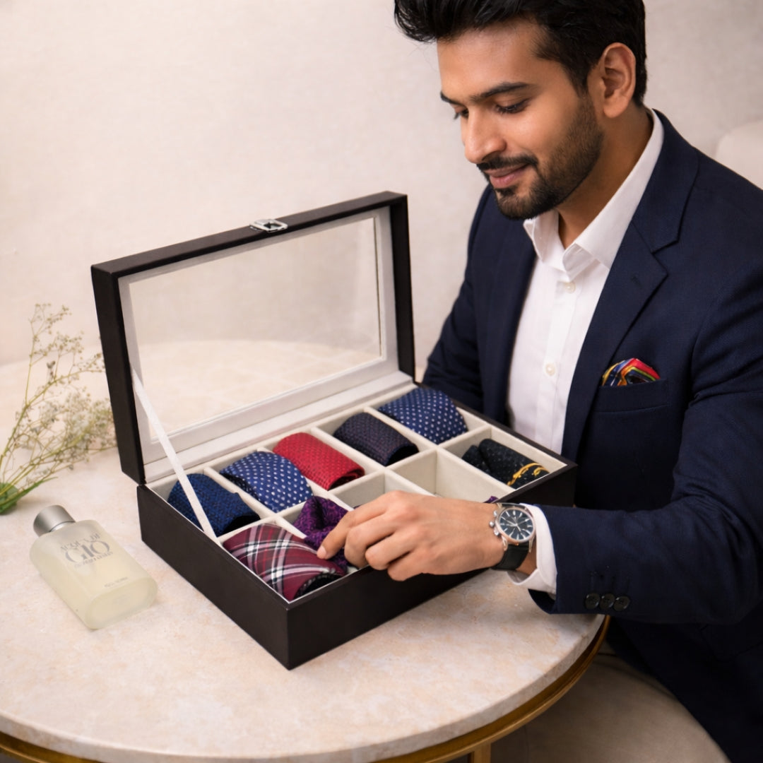 TBT 10 Slot Tie & Pocket Square Box With Glass Top
