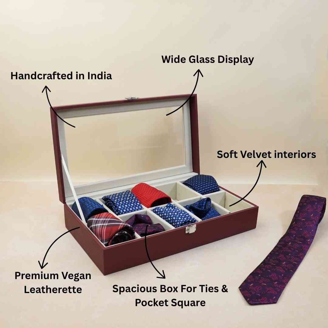 TBT 10 Slot Tie & Pocket Square Box With Glass Top