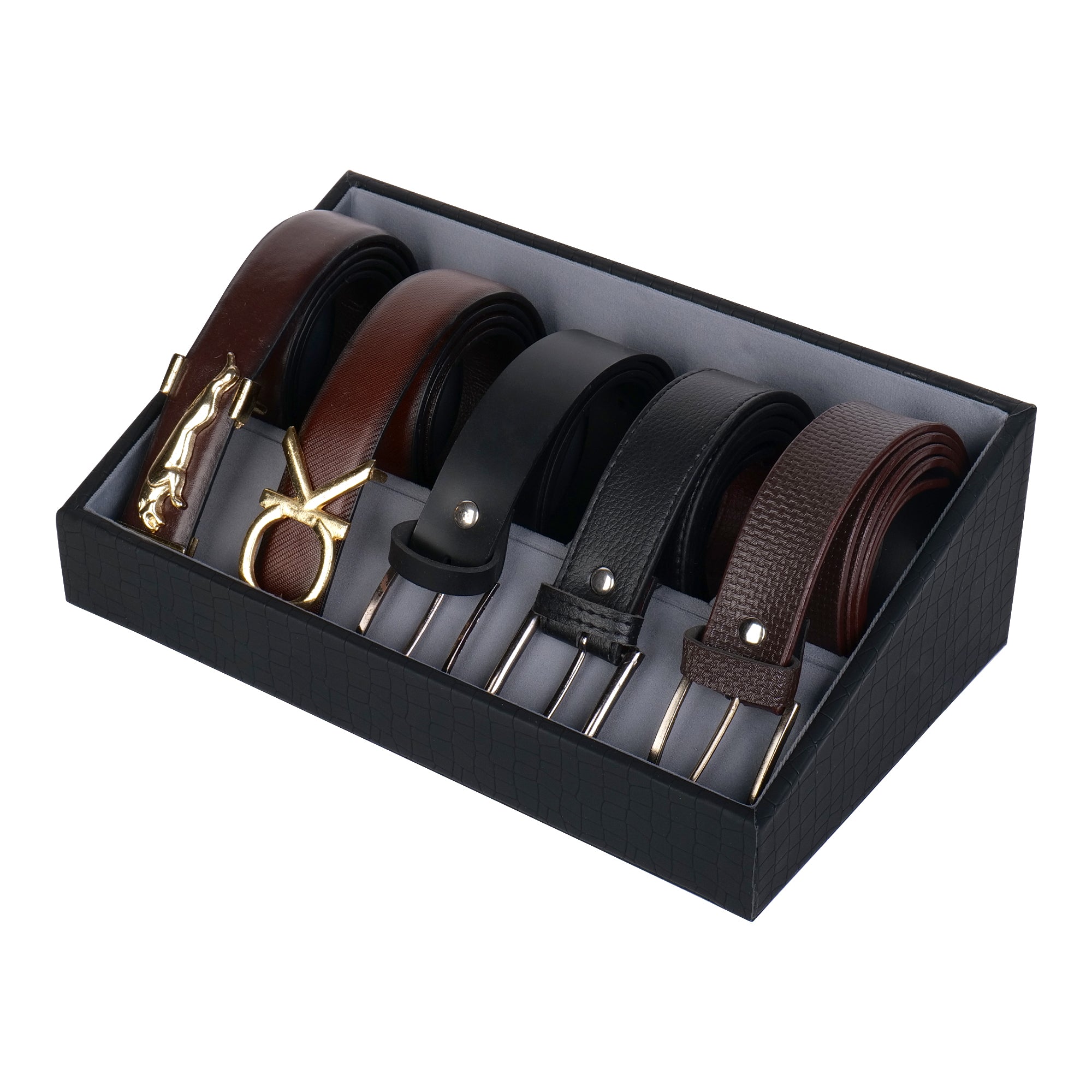Black Vegan Leather Belt Tray – Sleek 5 Slot Belt Storage.