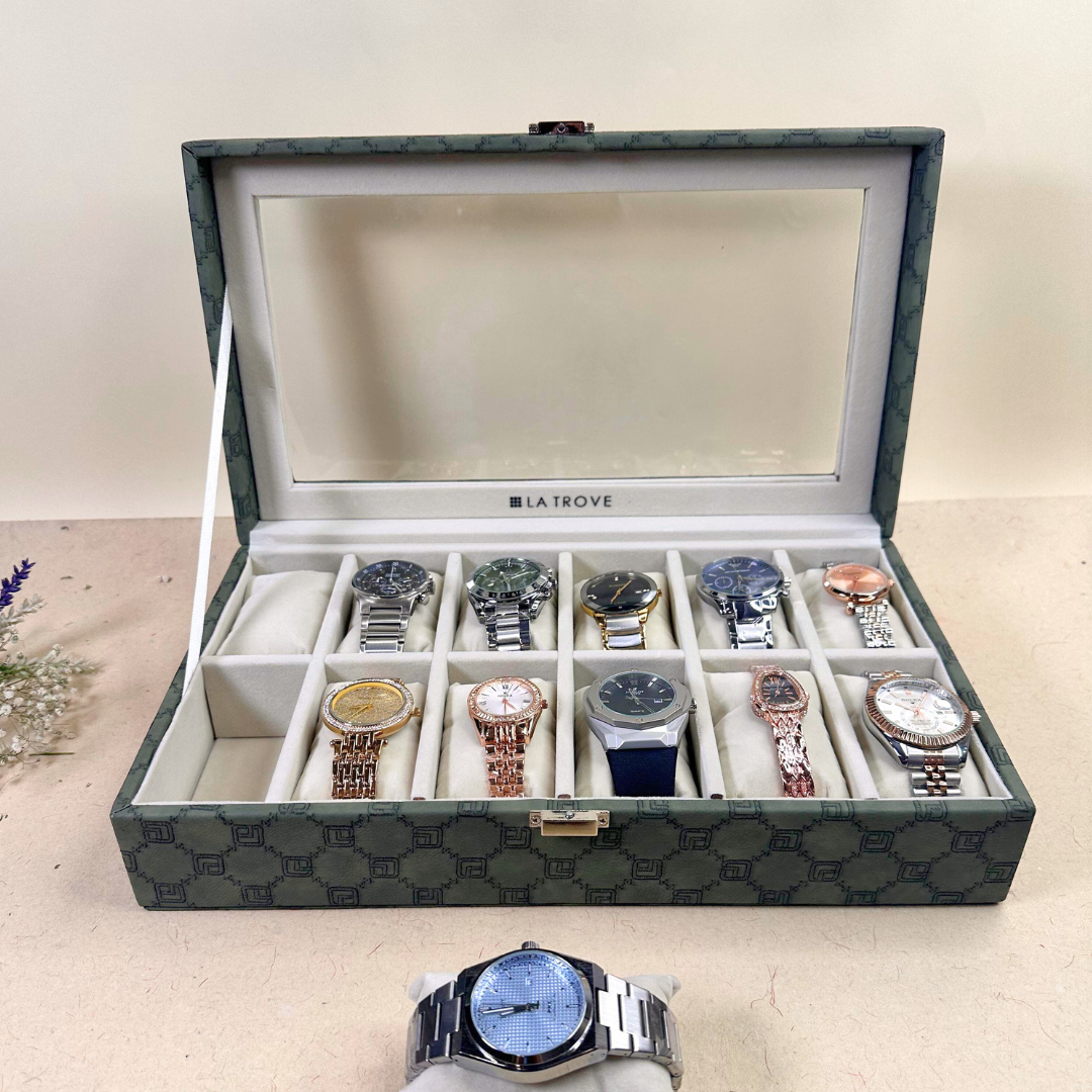 12 Slot Olive Green Leatherette Watch Box with Glass Top by La Trove.
