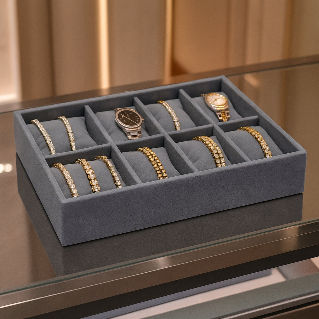 8-slot grey velvet bracelet tray organizer by La Trove.