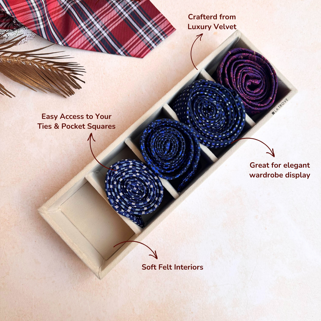 Cream 5-slot velvet tie tray with leatherette finish