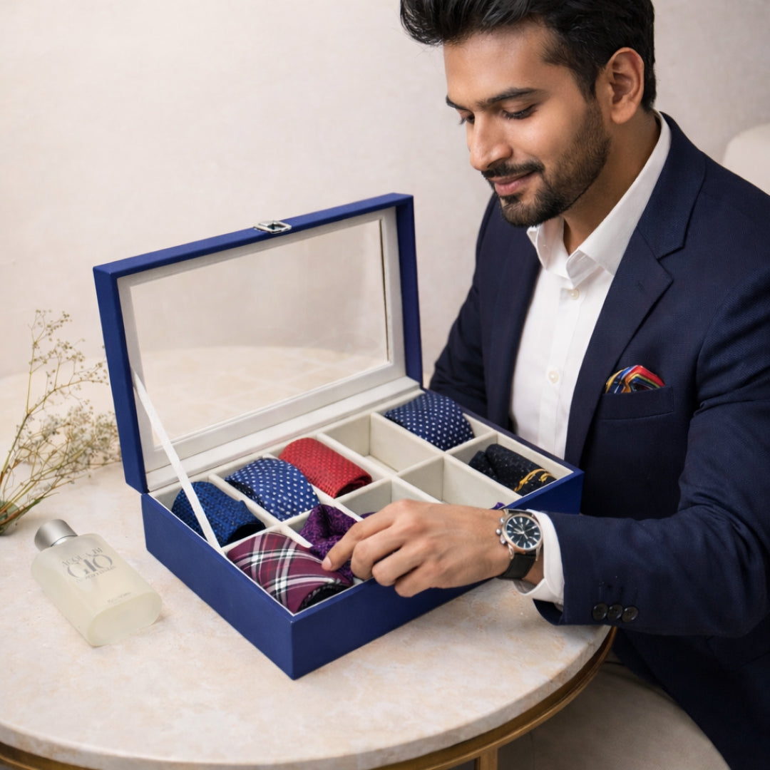 TBT 10 Slot Tie & Pocket Square Box With Glass Top