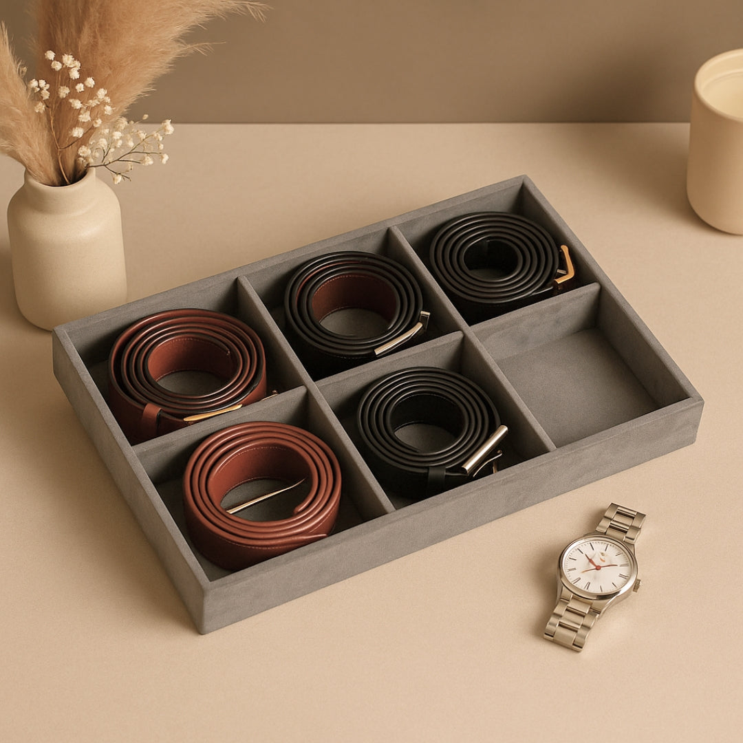 TBT 6 Slot Belt Tray Organiser – Premium Velvet Storage for Belts.