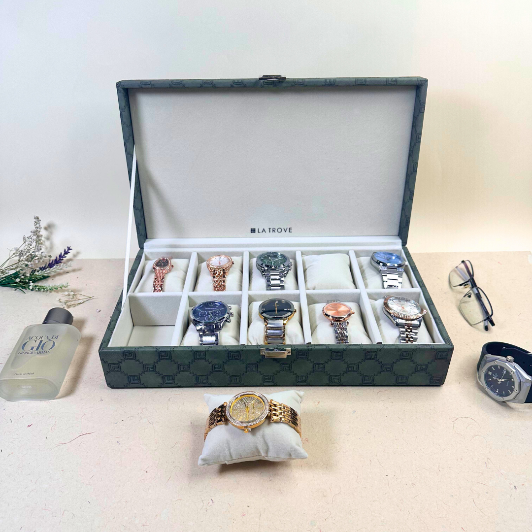 10 Slot Olive Green Leatherette Watch Box by La Trove.