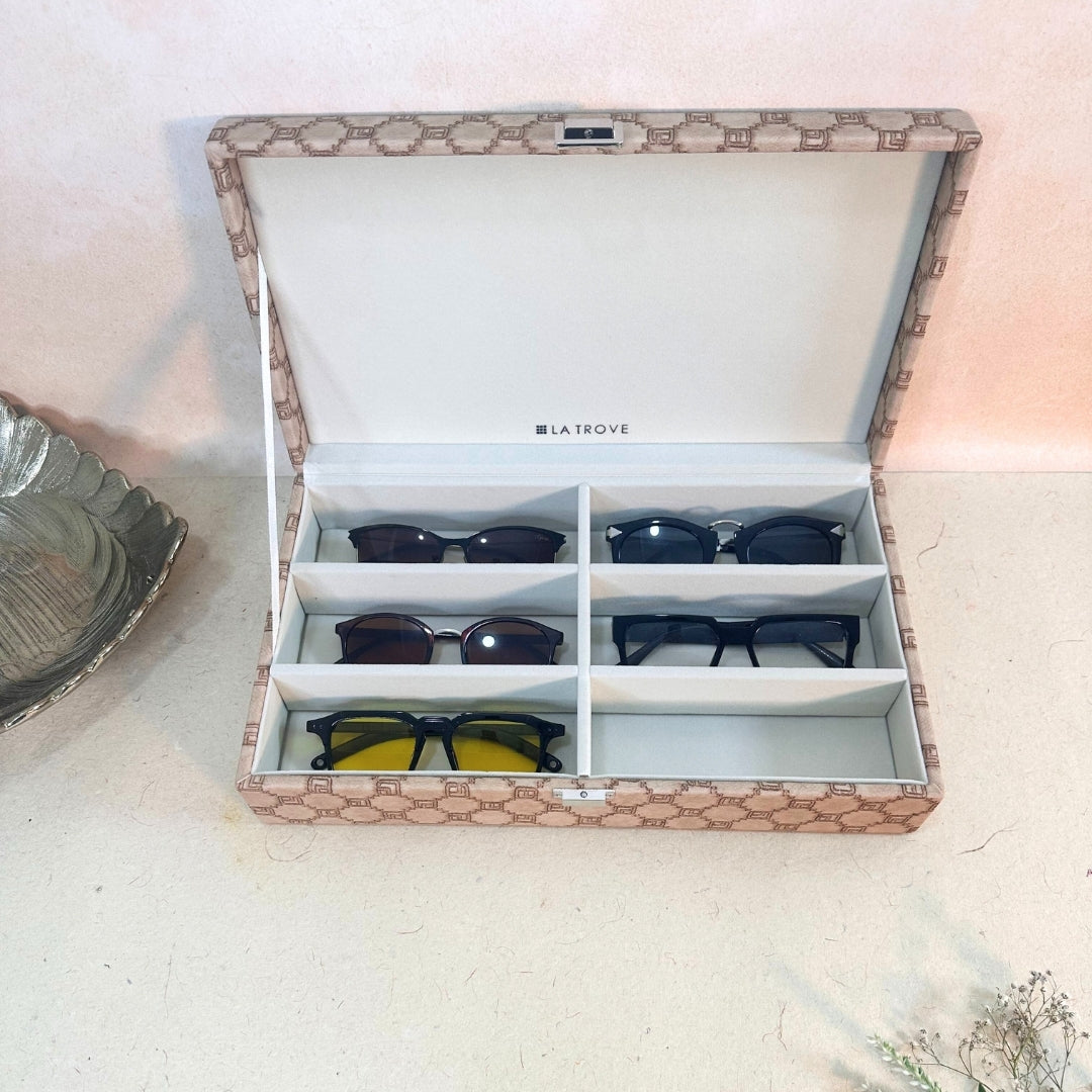 Champagne Finish 6 Slot Sunglass Organizer Box – Elegant Glasses Storage.