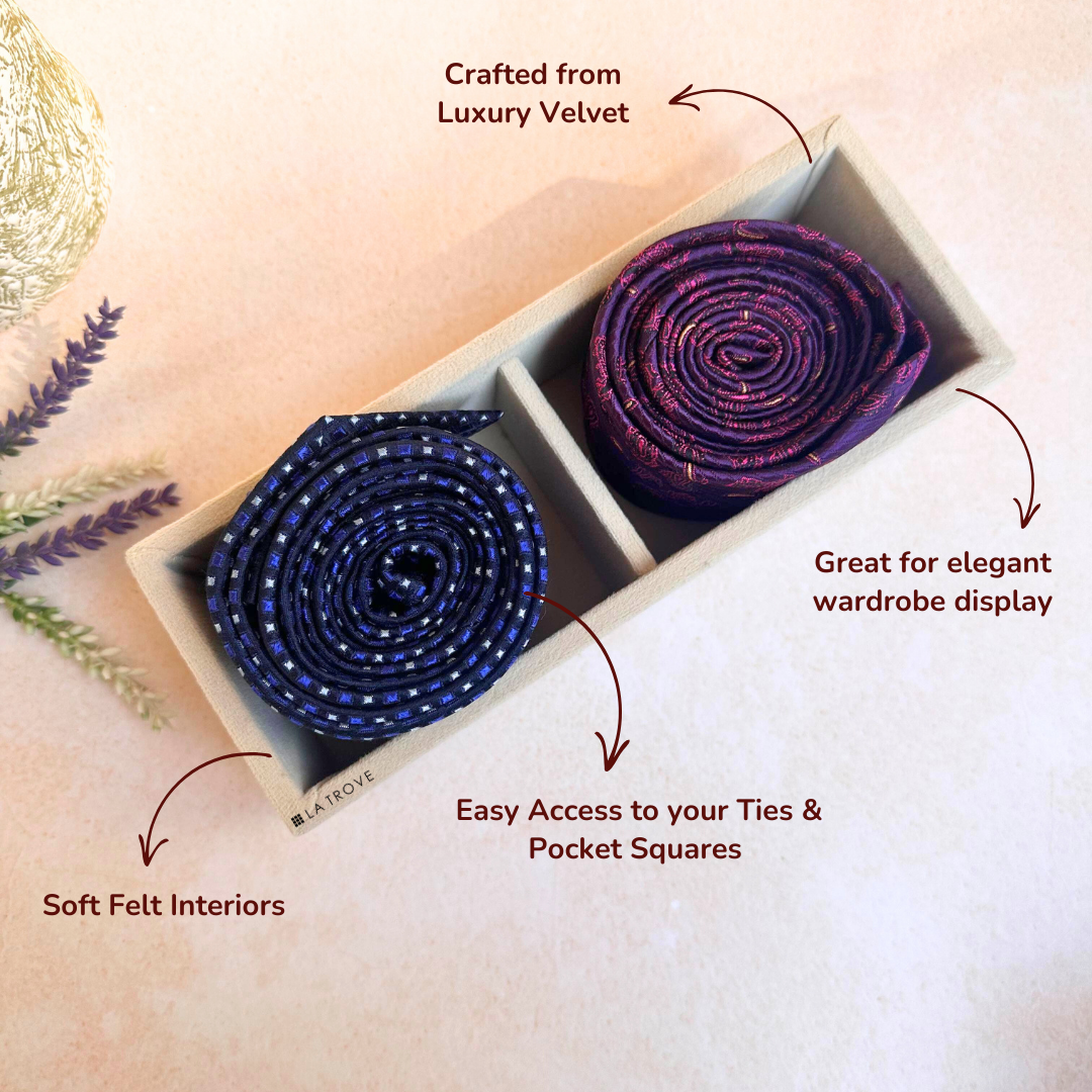 Cream 2-slot velvet tie tray with leatherette finish