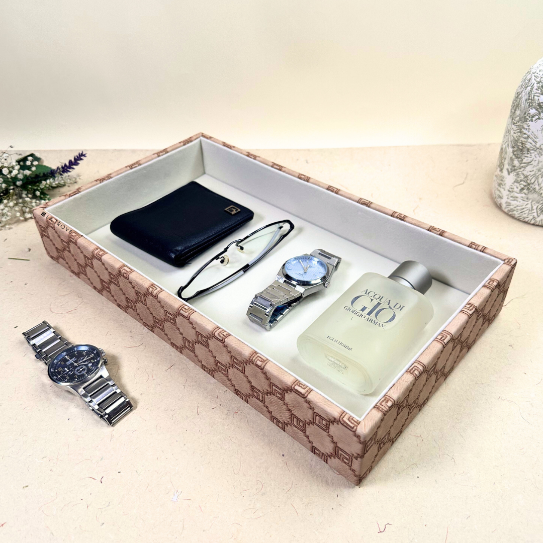 Luxury champagne velvet organizer tray for jewelry, sunglasses, and tech items