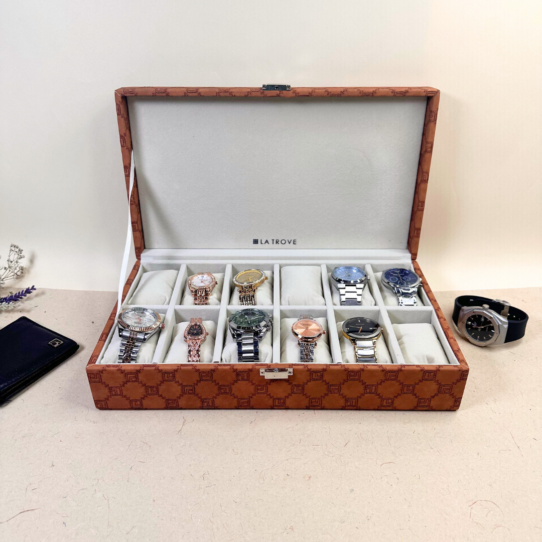 10 Slot Tan Leatherette Watch Box by La Trove.