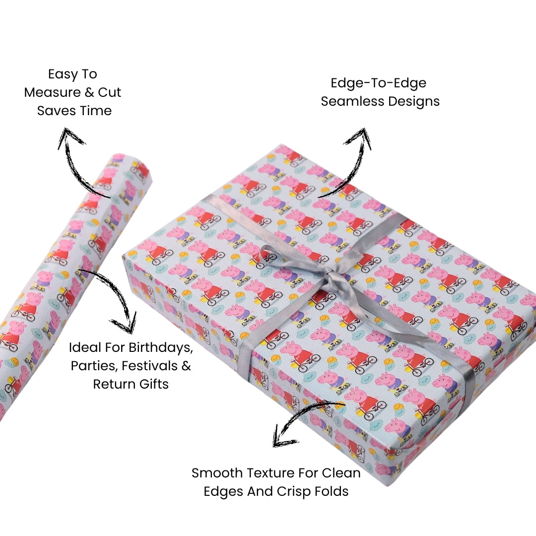 Peppa Pig themed gift wrap for kids’ party favors.