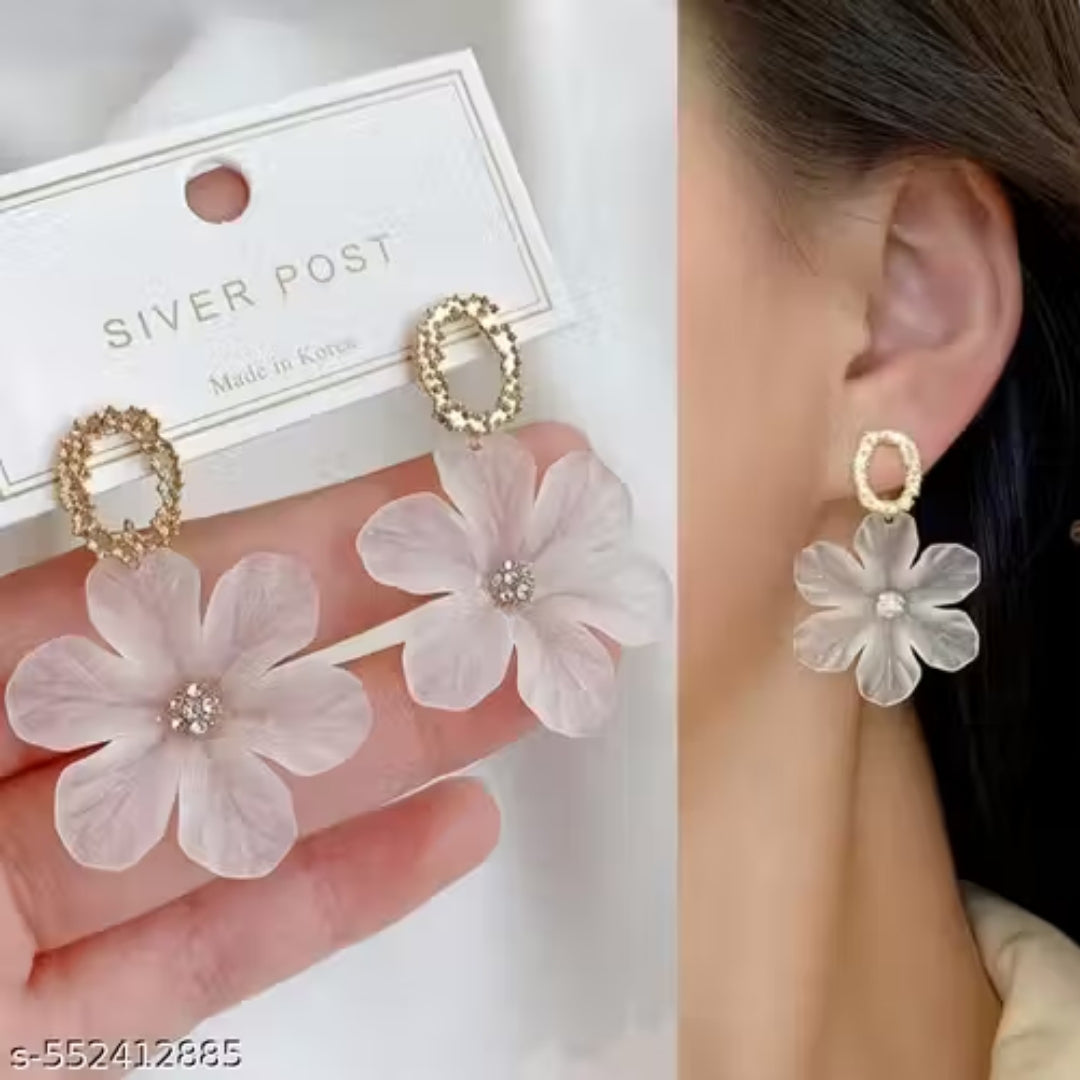 Lightweight frosted floral earrings styled for parties.
