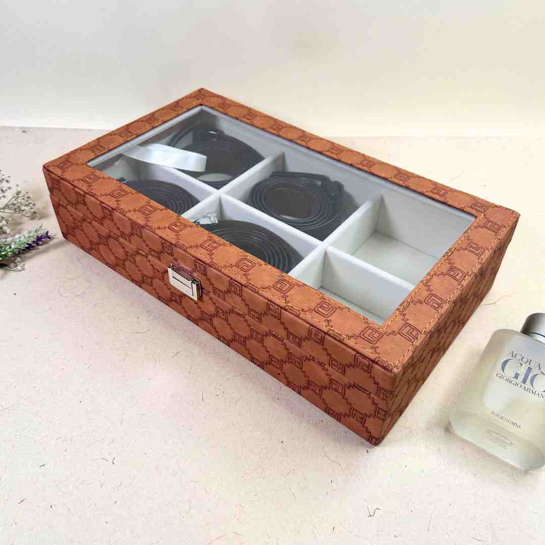 Designer 6 Slot Belt Box With Glass Lid