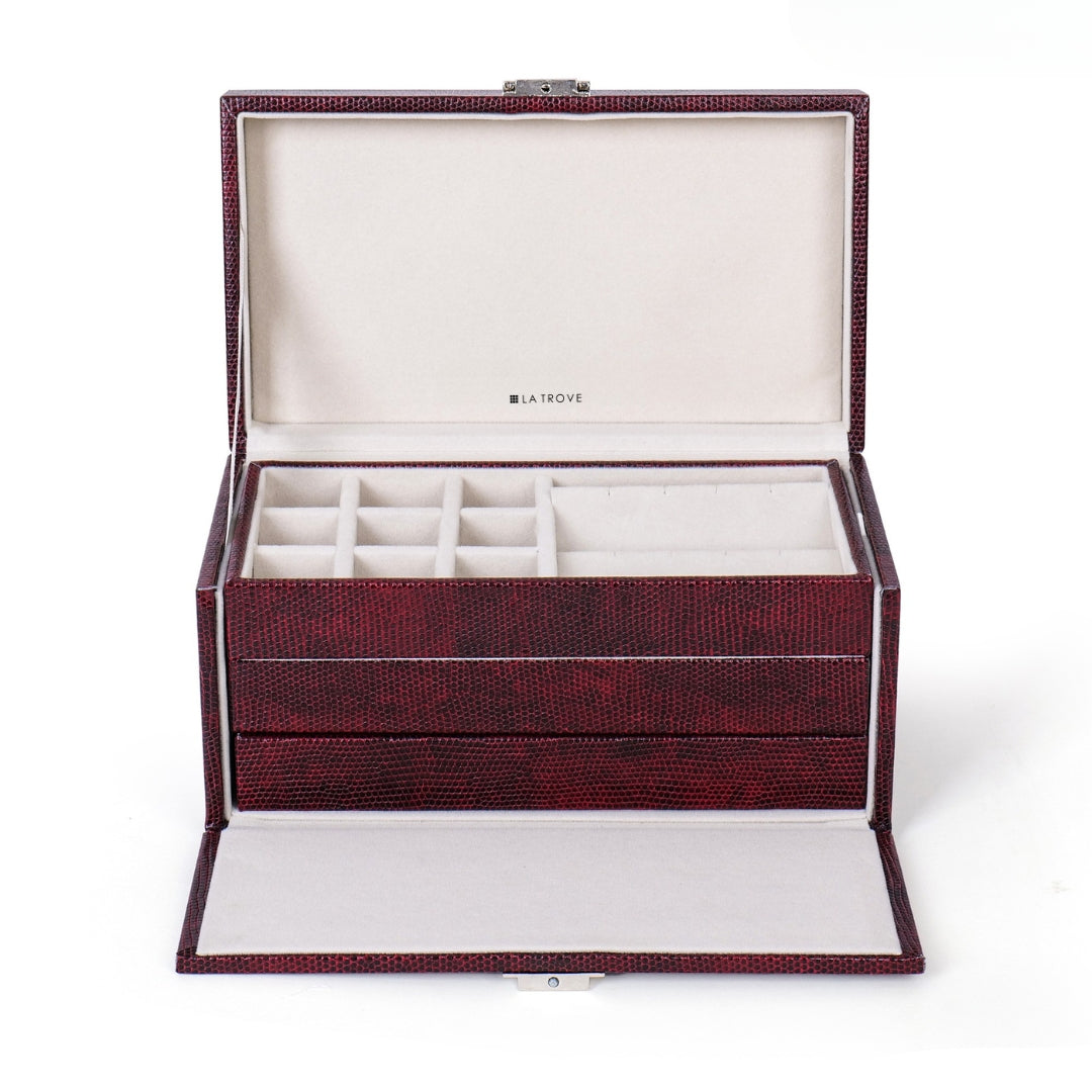 La Trove Premium Jewellery Box with 3 Trays in Maroon – Stylish Velvet-Lined Storage.