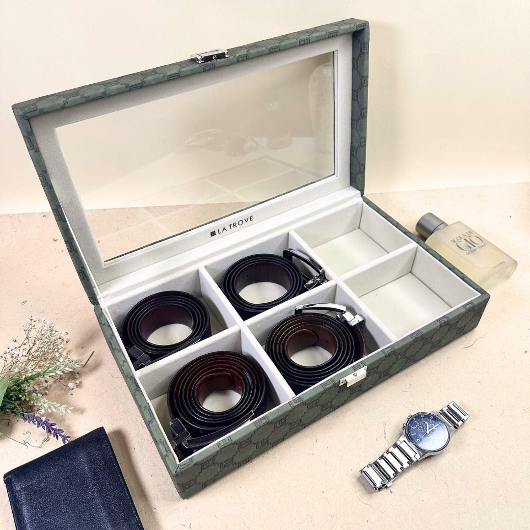 Olive Green 6 Slot Leatherette Box – Sleek Glass Lid Storage.