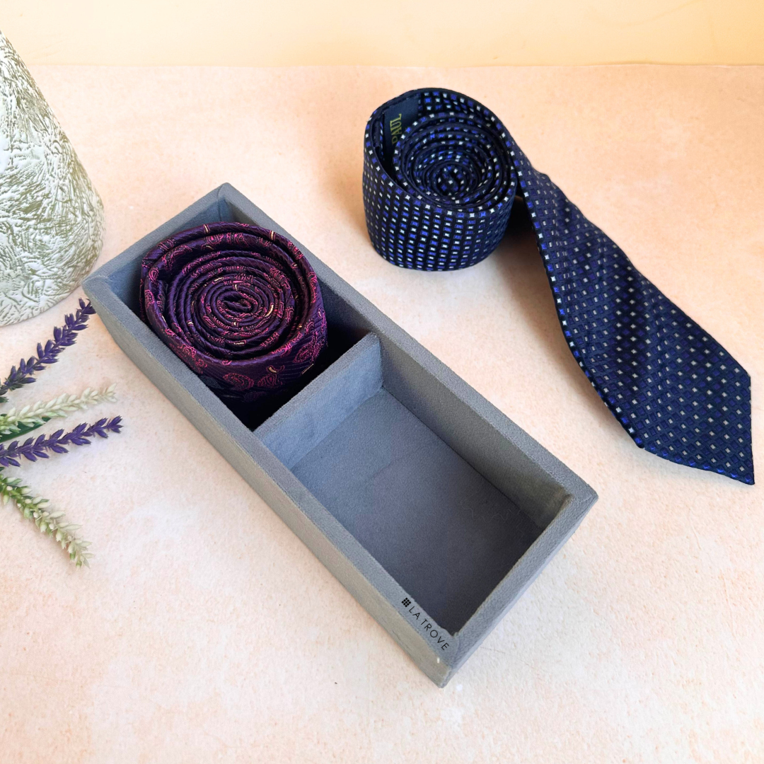 2-slot grey velvet tie tray with leatherette finish