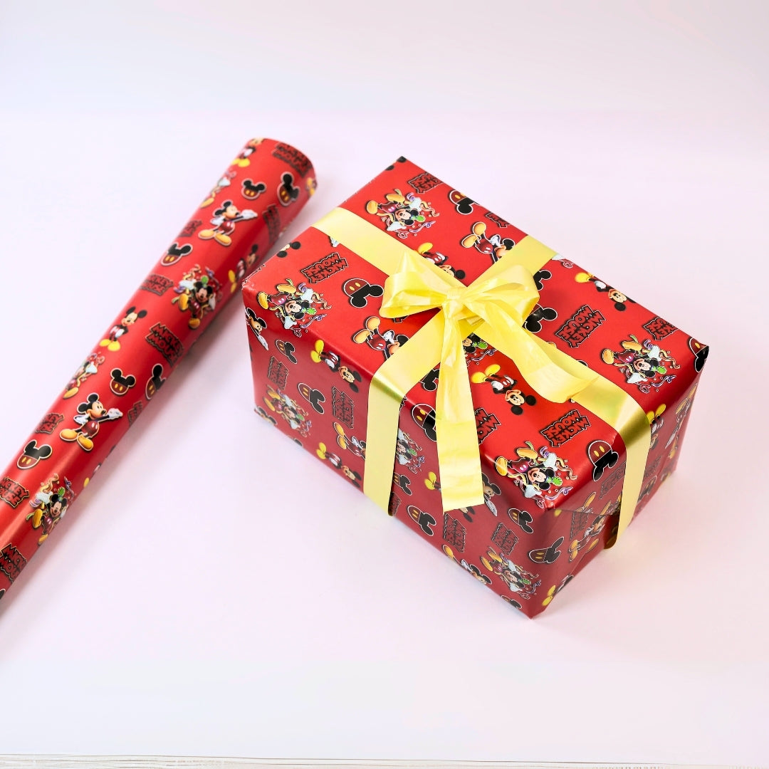 Cute Mickey Mouse gift wrap paper with red theme.