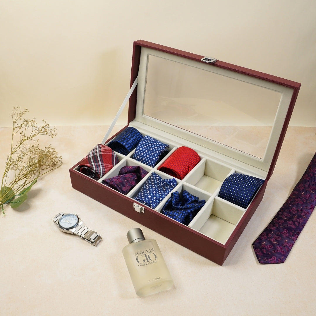 TBT 10 Slot Tie & Pocket Square Box With Glass Top