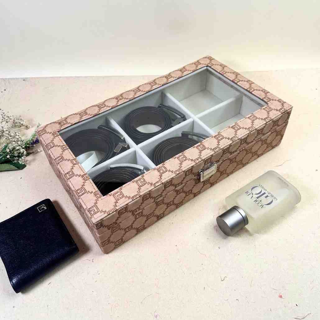 Designer 6 Slot Belt Box With Glass Lid