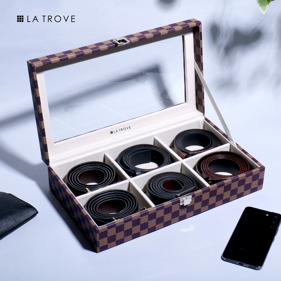 Designer 6 Slot Belt Box With Glass Lid