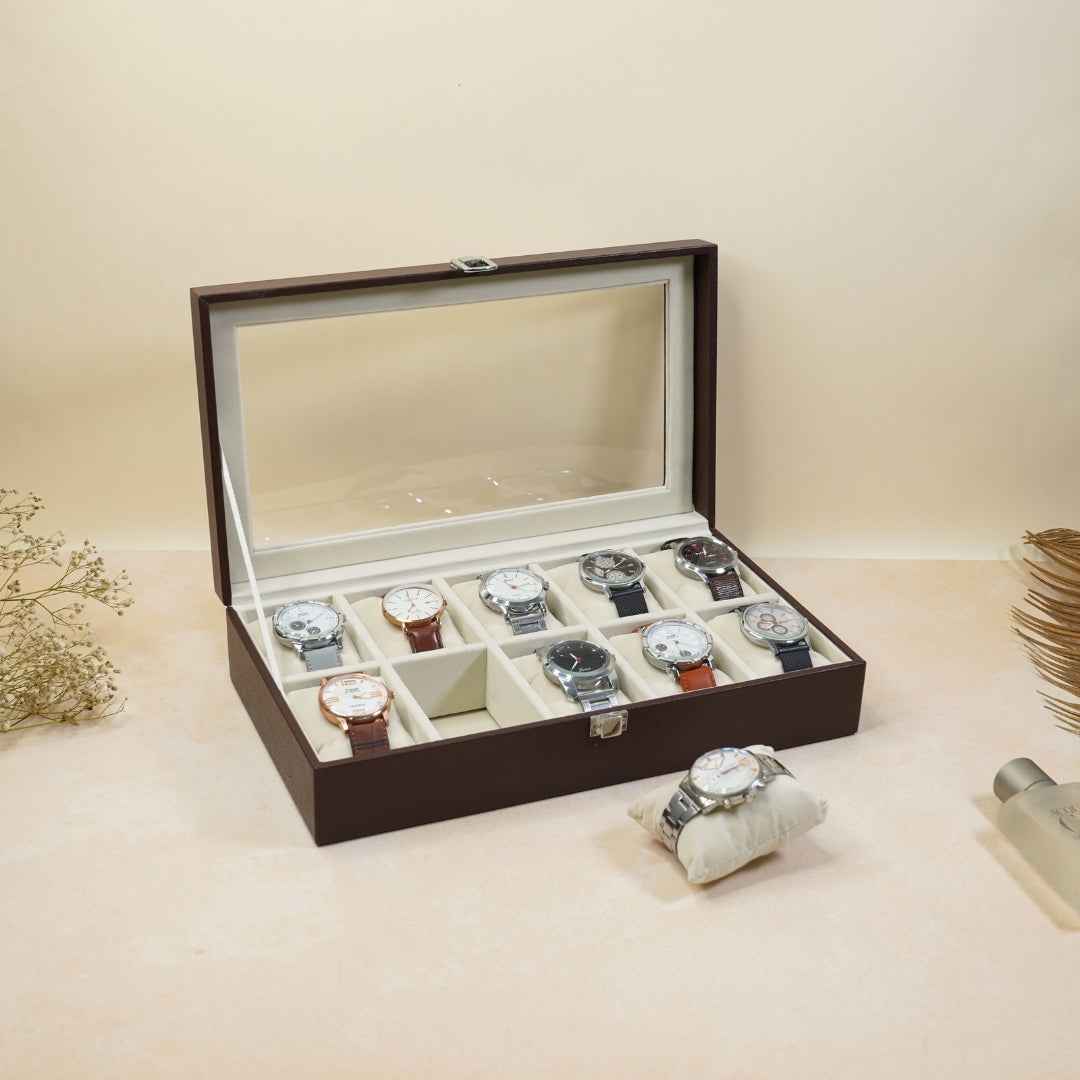 TBT 10-Slot Open Watch Box – Leatherette Watch Organizer with Soft-lined Compartments.