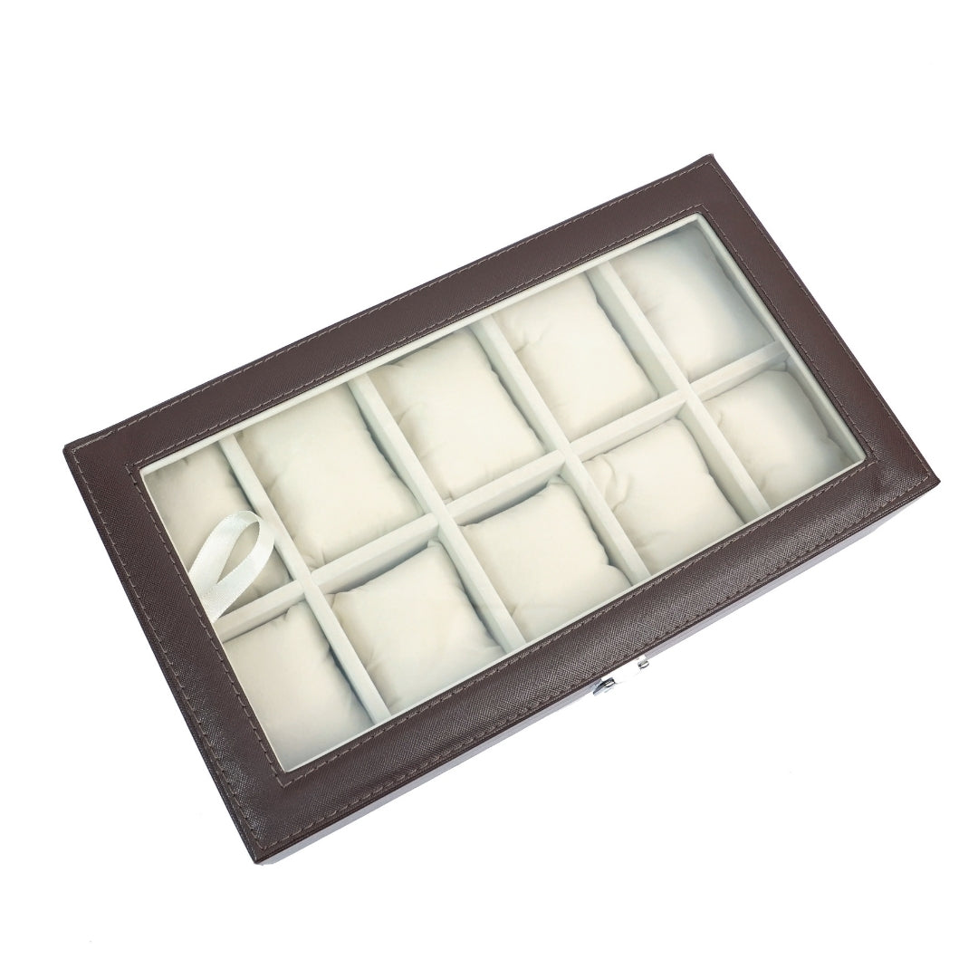 Brown watch box with glass top showing neatly arranged watches.