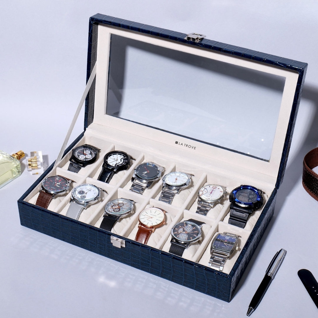 12 Slot Blue Leather Watch Organizer Box with Glass Top by La Trove.