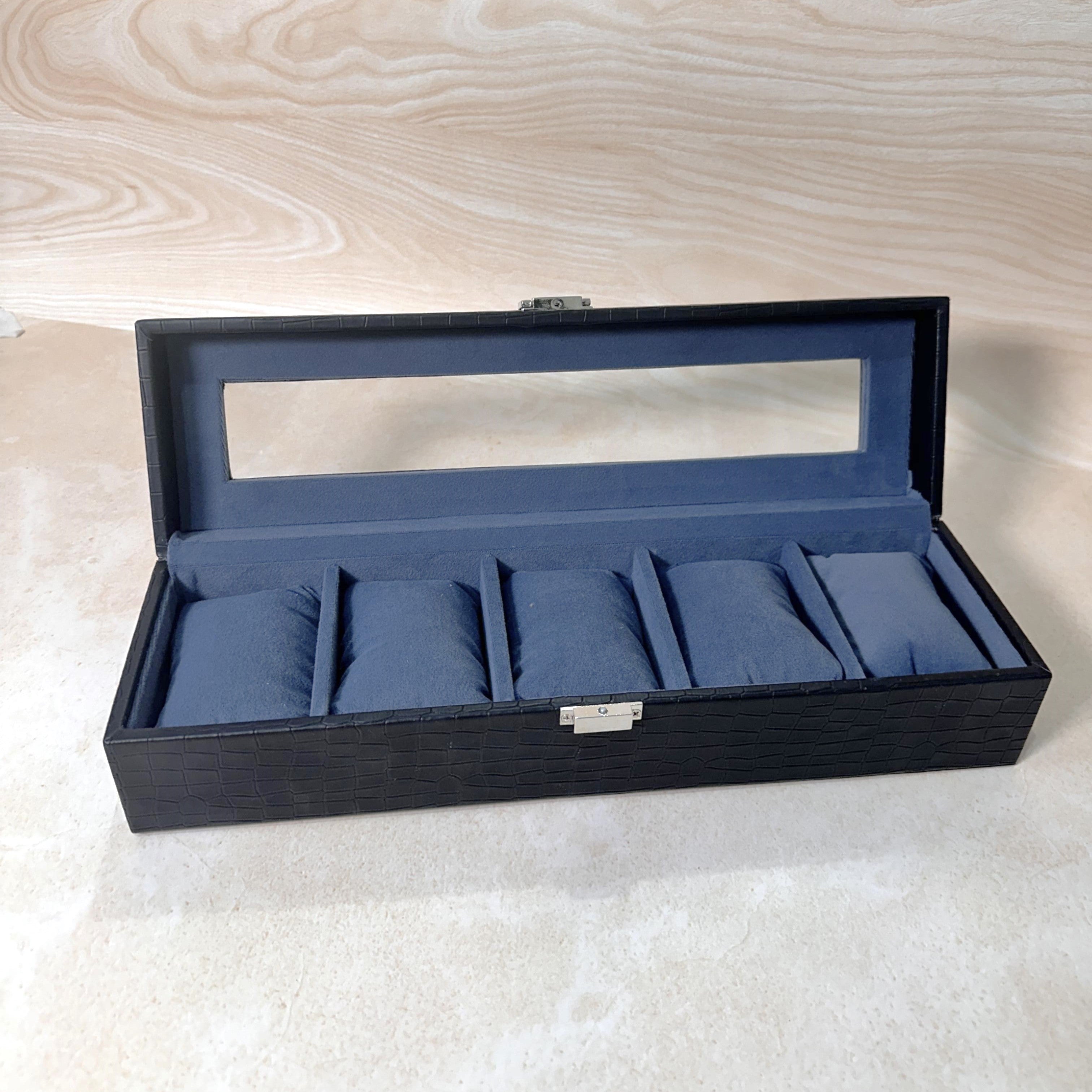 Blue Watch Storage Box with Glass Lid – 5 Compartment Watch Display Case.