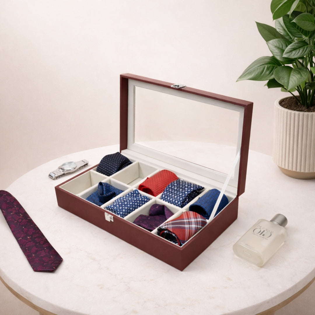 TBT 10 Slot Tie & Pocket Square Box With Glass Top