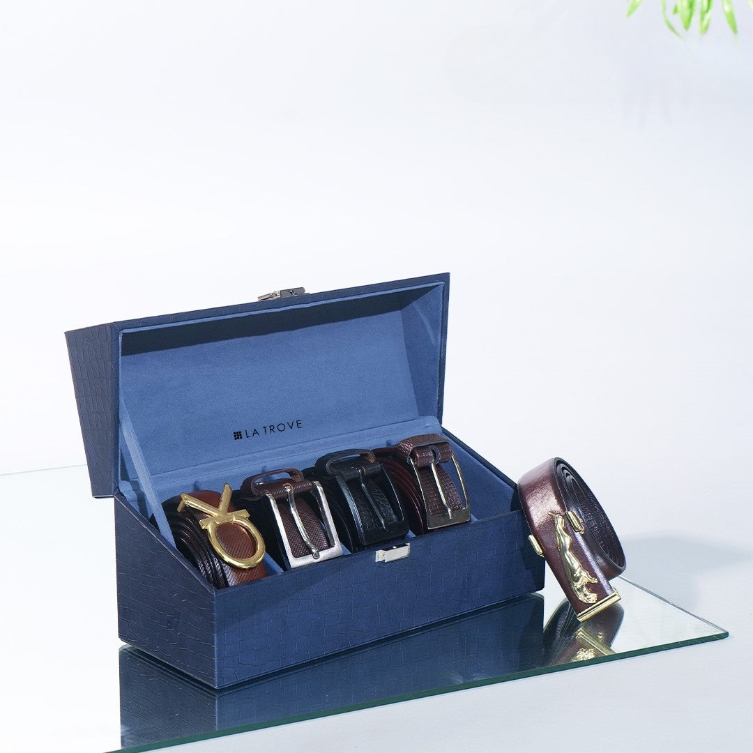 Blue leather 5 slot belt box organizer for premium belt storage.